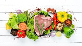 Overhead shot of raw meat surrounded by cooking ingredients with space for text.