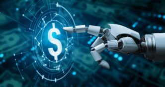 An AI robot hand, rendered with futuristic technology, points towards the concept of wealth.