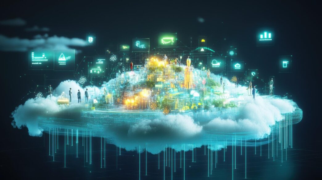 A vibrant, futuristic city floats on a cloud, surrounded by glowing data icons.