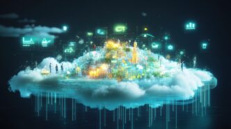 A vibrant, futuristic city floats on a cloud, surrounded by glowing data icons.