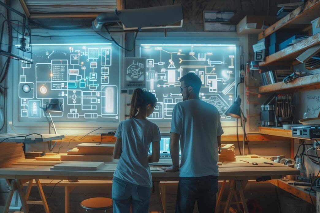 A futuristic couple uses a holographic table to build wooden furniture in a workshop filled with tools and wood.