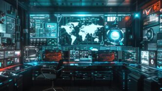 A futuristic command center features numerous digital screens displaying data and advanced technology for monitoring and control.