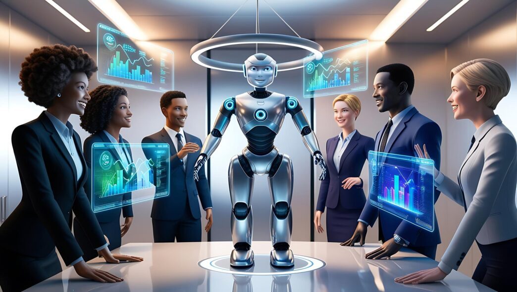 A sleek, futuristic robot assistant stands in a modern office, surrounded by holographic displays showcasing business data.