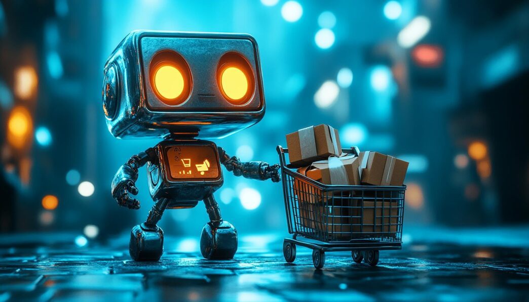 A whimsical science fiction scene depicts a futuristic robot shopping in a store with a shopping cart.