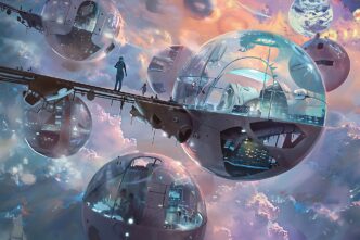 Two futuristic spaceships fly through a cloudy sky.