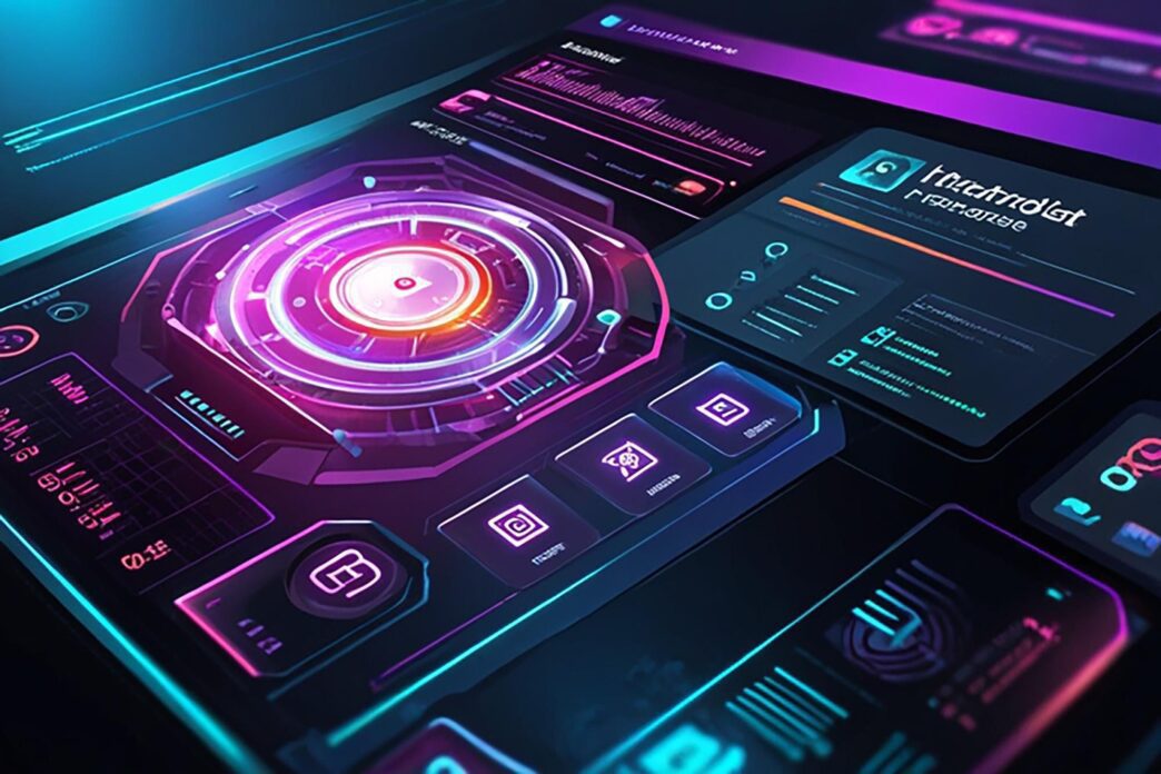 A digital interface with glowing lines and abstract shapes suggests a futuristic technology design.