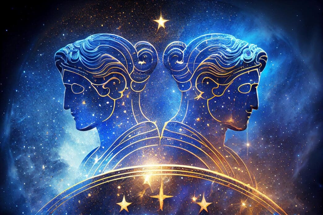 A graphic depicts the Gemini astrological symbol, a pair of twins, often used in horoscopes and astrology content.