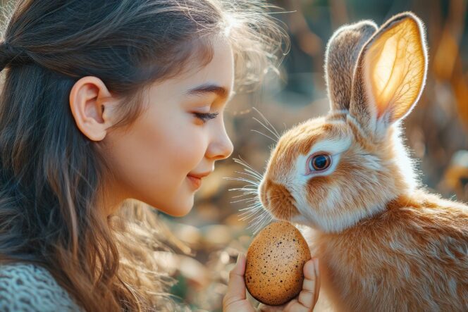 A young girl gazes at an Easter bunny holding a painted egg.