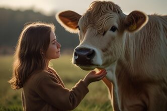A young girl pets a cow in a field, which has the word "cow" written on its face.