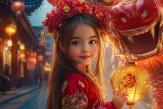 A young girl in a red dress holds a lantern.