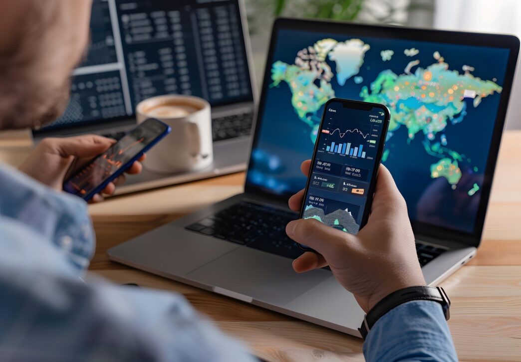 A globe is overlaid with a network of interconnected lines, symbolizing global communication and technology.