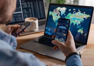 A globe is overlaid with a network of interconnected lines, symbolizing global communication and technology.