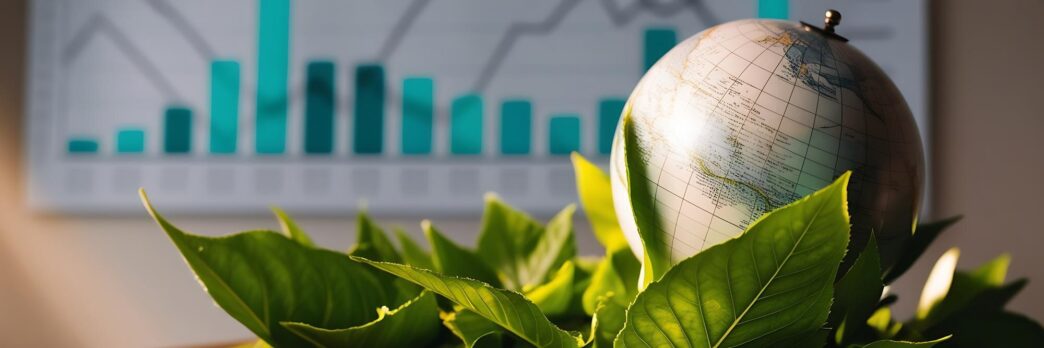 A stylized glowing globe is superimposed with financial graphs, representing global economics and data flow.