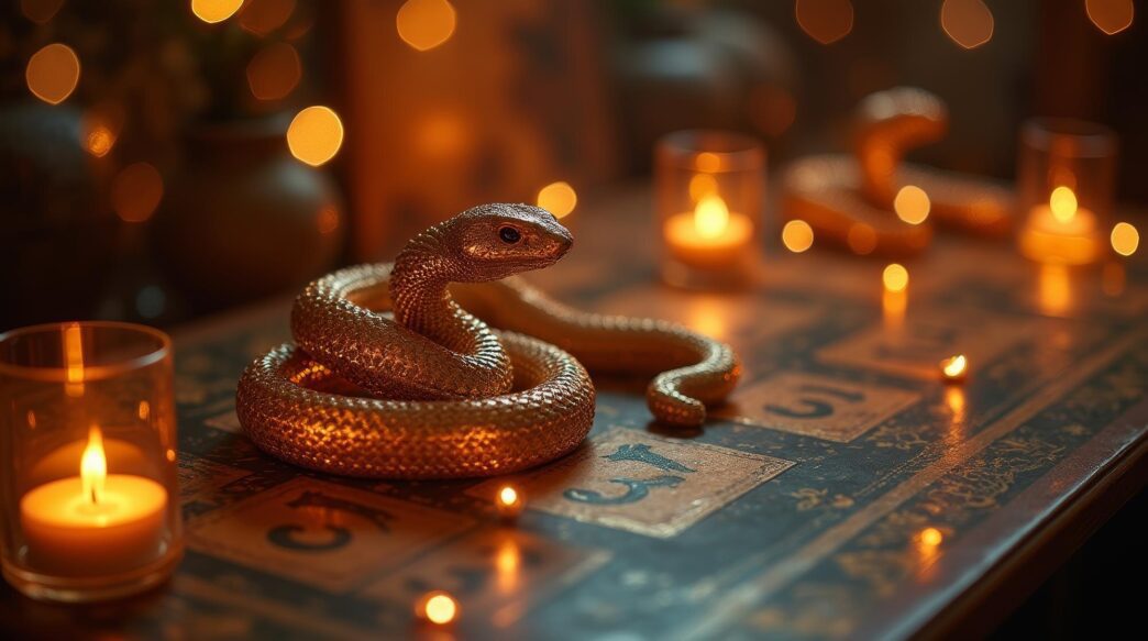 A golden snake figurine rests on a table, surrounded by lit candles.