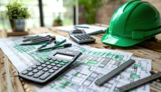 A green hard hat rests on a wooden table alongside office equipment in an engineering building.