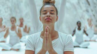 A diverse group of people meditates during a yoga class in a bright and peaceful studio.