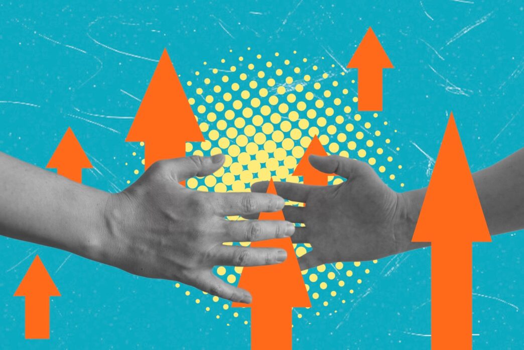 An artistic collage depicts a handshake between two partners, with upward-pointing arrows superimposed.