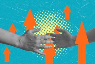 An artistic collage depicts a handshake between two partners, with upward-pointing arrows superimposed.