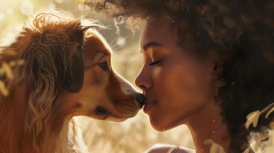 A woman lovingly kisses her dog in a picturesque field.