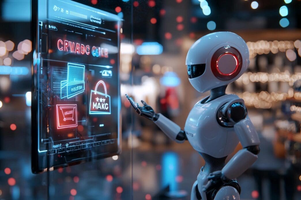 A futuristic shopping assistant displays "Cyber Monday" on a digital screen.