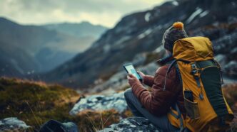 A hiker rests on a mountain trail, using a solar-powered locker to charge their phone.
