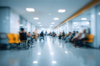 Blurred image of a crowded hospital waiting corridor with patients