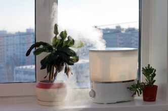 A humidifier releases a plume of steam into a living room.