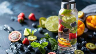 A water bottle and a cup sit on a table.