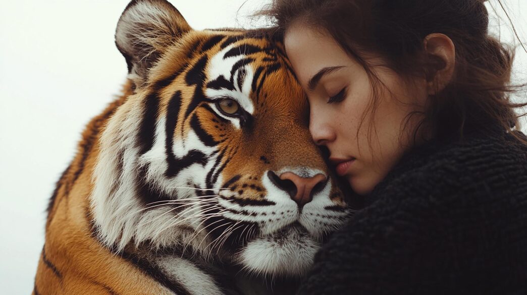 A hyperrealistic image depicts a woman lovingly embracing a tiger against a stark white backdrop.