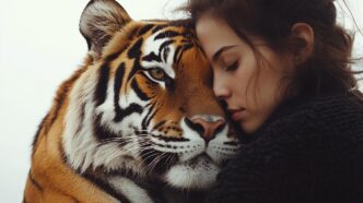 A hyperrealistic image depicts a woman lovingly embracing a tiger against a stark white backdrop.