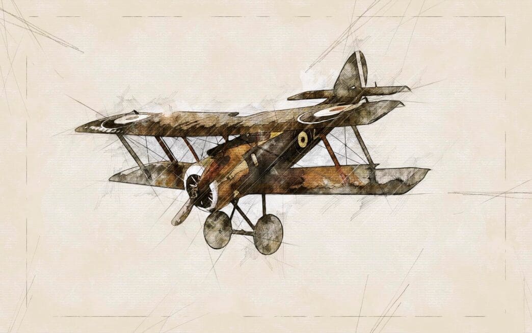 Sketch of an old airplane in flight.