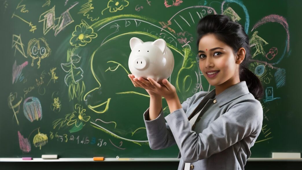 Attractive Asian female student holding a piggy bank in front of a green chalkboard.