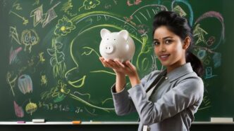 Attractive Asian female student holding a piggy bank in front of a green chalkboard.