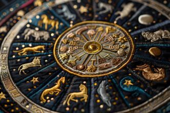 Intricate embroidery depicts astrological symbols and associated animals.