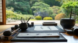 A Japanese calligraphy station is set up with ink, brushes, and paper, overlooking a scenic view.
