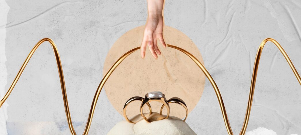 Panoramic collage of various pieces of jewelry.