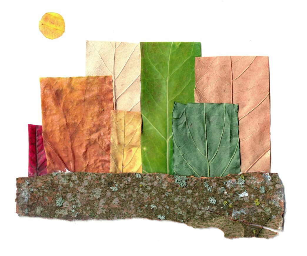 A cityscape glows with lights, showcasing a skyline with a leaf graphic, representing sustainability.