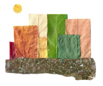 A cityscape glows with lights, showcasing a skyline with a leaf graphic, representing sustainability.