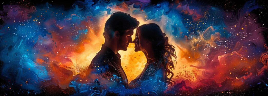 Two people embrace, their faces and clothing covered in vibrant, colorful powder during the Holi festival.