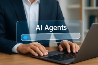 A man sits at a laptop, intently searching for AI agents.