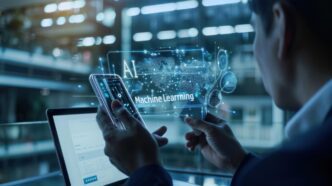 A man uses a smartphone with an overlaid graphic illustrating artificial intelligence and machine learning concepts.