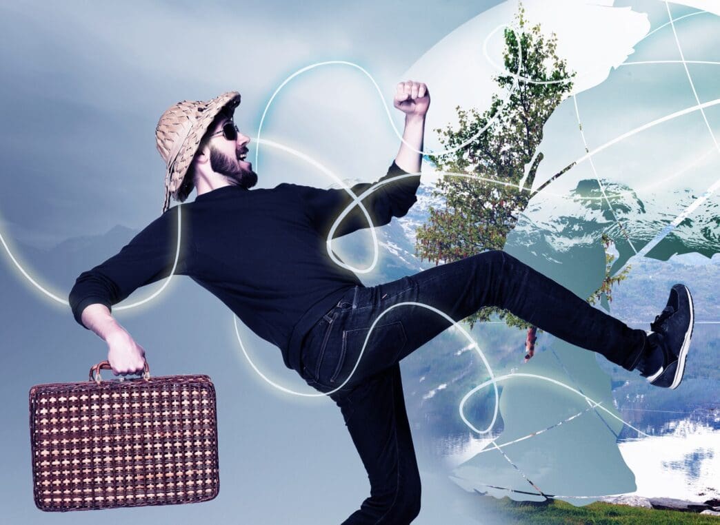 Collage shows a man with a suitcase, ready to travel, against a gray background.