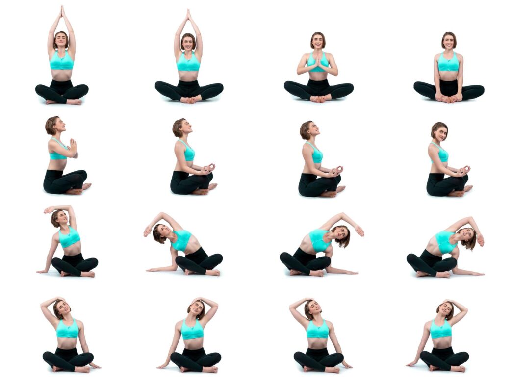 A full-body shot depicts a person in a yoga pose, meditating on an isolated background.