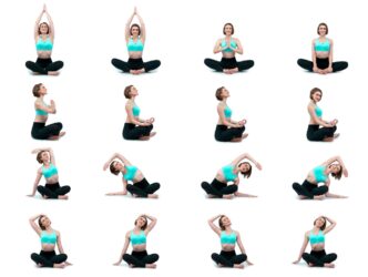 A full-body shot depicts a person in a yoga pose, meditating on an isolated background.