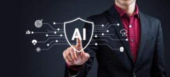 A futuristic image depicts a business analysis using artificial intelligence and modern technology.