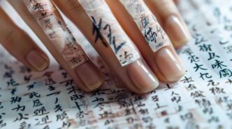 Close-up of a hand showcasing intricate nail art with various designs and colors.