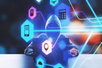 Illustration of a network of interconnected computers with digital locks and a hooded figure representing a hacker.