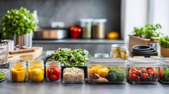 An assortment of fresh vegetables and other ingredients are arranged in colorful layers inside clear glass jars.