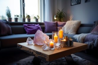 Painting of a beach scene with pink flowers in the foreground and a full moon in the sky.