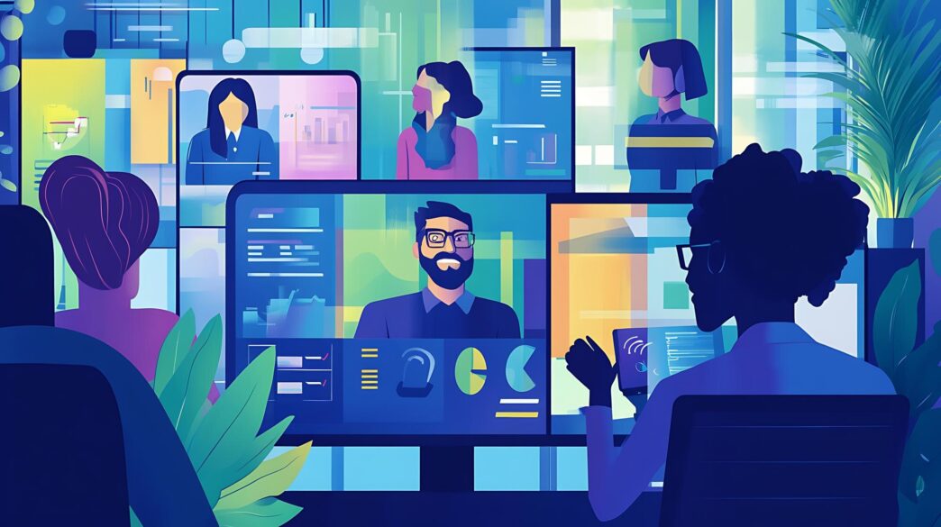 People gathered around a computer screen are participating in a video conference.